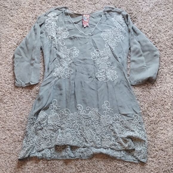 Johnny Was Women's Size Small Embroidered Olive Green Cupra Rayon Tunic Top - Picture 4 of 13